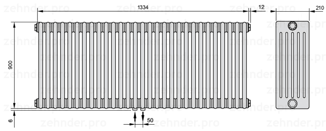 Схема (чертеж) Радиатор Zehnder Charleston 6090/29 №3470 Белый глянцевый RAL 9016